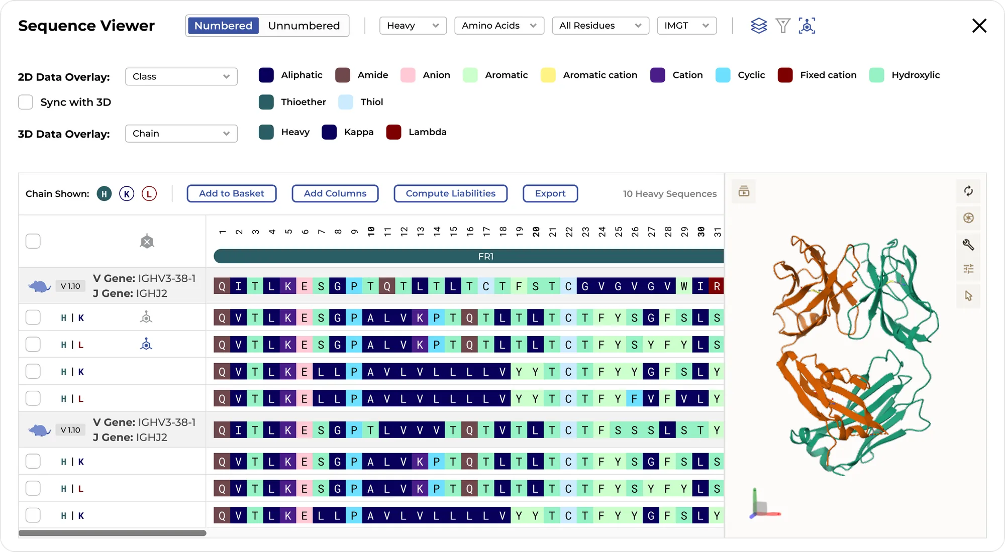 Sequence viewer with developability and liability annotations.