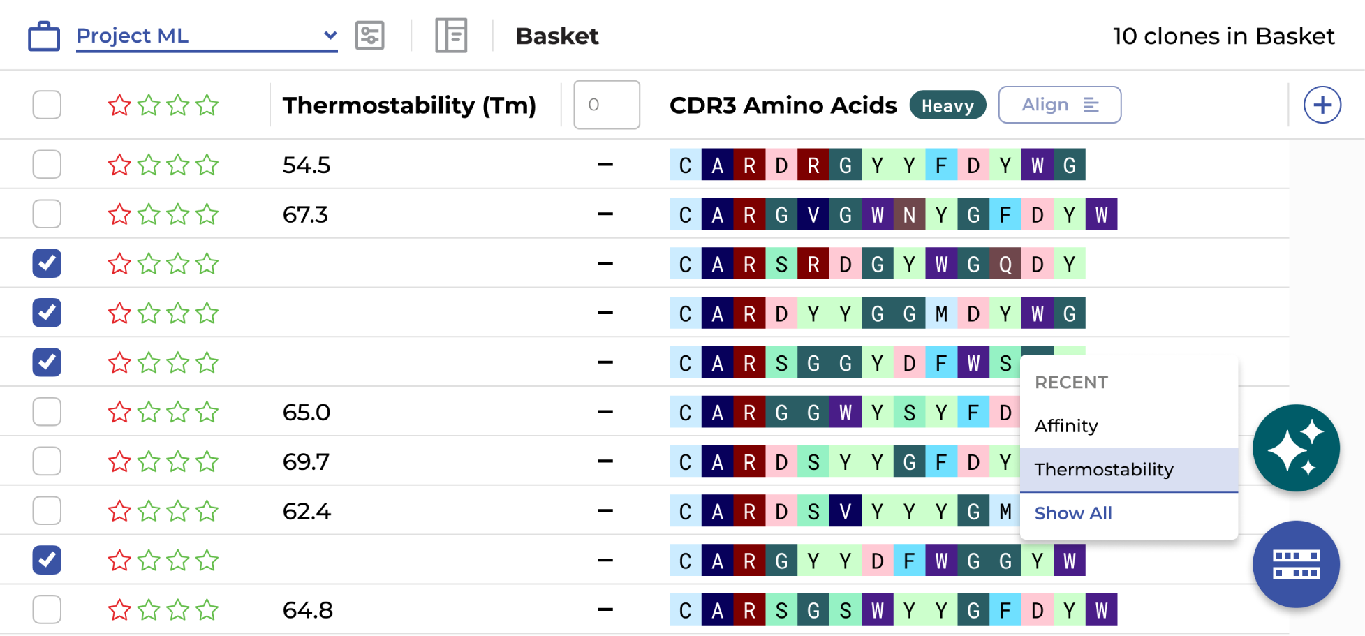 Running an integrated ML model from the analysis UI, with prediction tooltips.