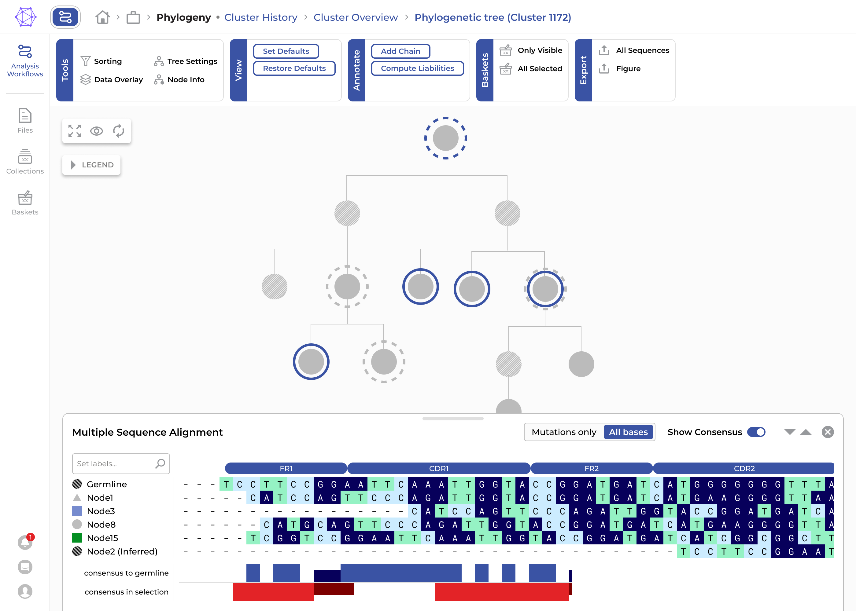 Interactive phylogenetic tree with metadata overlays.
